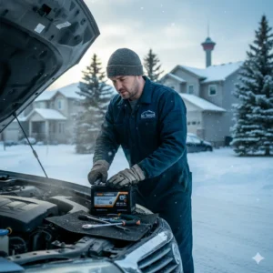 Professional mobile mechanic Mr. Torque performing a reliable Car Battery Service Calgary for a stranded vehicle in winter.