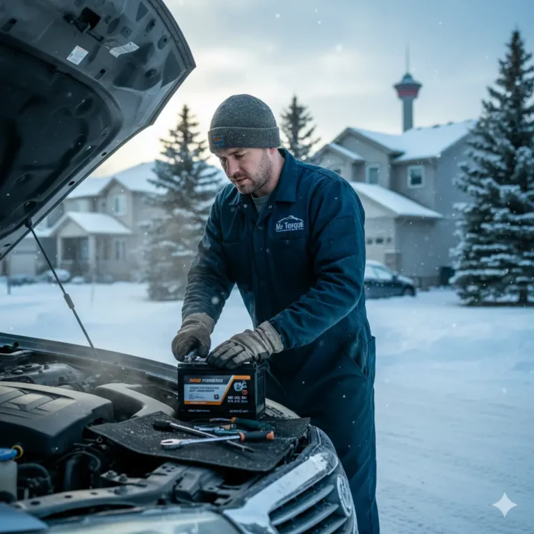 Professional mobile mechanic Mr. Torque performing a reliable Car Battery Service Calgary for a stranded vehicle in winter.