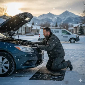 Mr. Torque working on a car engine in the snow, providing essential Mobile Mechanic Tips Calgary for winter vehicle maintenance.