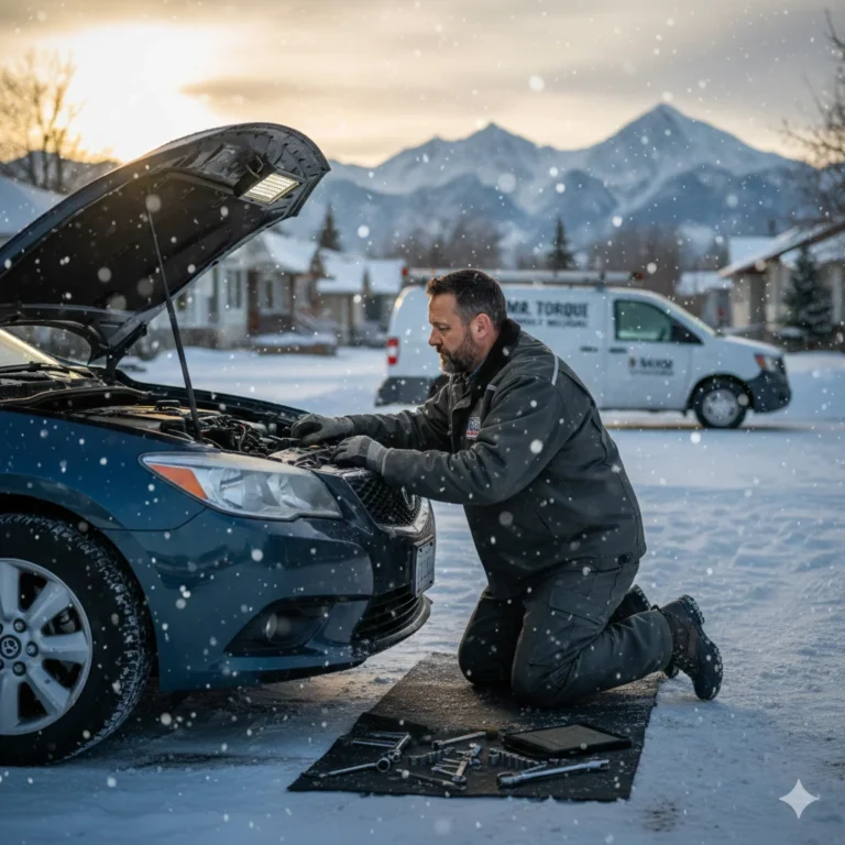 Mr. Torque working on a car engine in the snow, providing essential Mobile Mechanic Tips Calgary for winter vehicle maintenance.