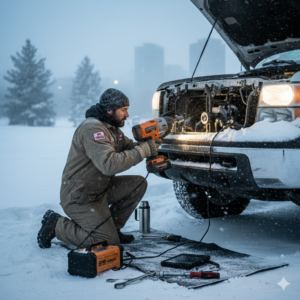 Mechanic performing on-site vehicle diagnostics during cold daytime