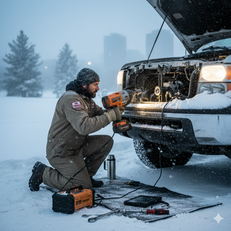 Mechanic performing on-site vehicle diagnostics during cold daytime