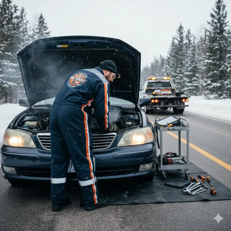 A professional Mr. Torque winter mobile mechanic Calgary repairing a car engine on a snowy roadside with specialized tools and a service truck.