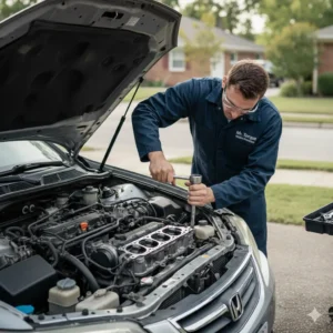 Mobile Mechanic Calgary performing head gasket replacement on a car engine roadside, wearing Mr. Torque Mobile Mechanic uniform.