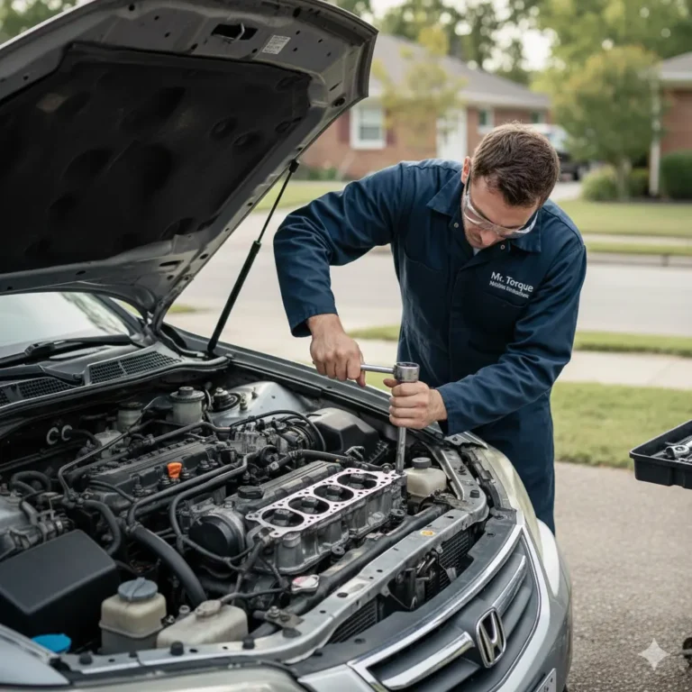 Mobile Mechanic Calgary performing head gasket replacement on a car engine roadside, wearing Mr. Torque Mobile Mechanic uniform.