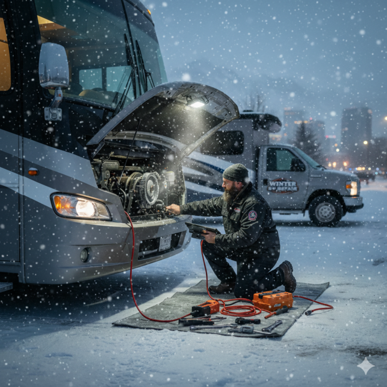 Professional mobile mechanic Mr. Torque performing winter RV-mechanic Calgary repair and engine diagnostics in a snowy Calgary parking lot at night.