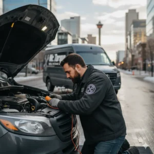 Mr. Torque performing a pre-trip engine inspection as a Mobile Mechanic Calgary for a family preparing for a road trip.