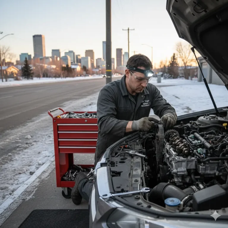 Certified Mobile Mechanic Calgary inspecting a car engine for maintenance and providing Mobile Mechanic Suspension Repair Calgary