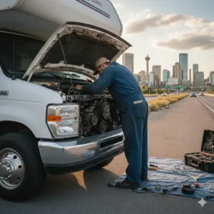 Mobile mechanic RV repair Calgary technician fixing engine onsite.