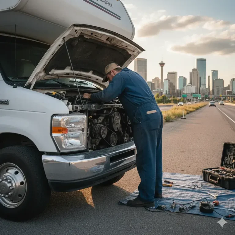 Mobile mechanic RV repair Calgary technician fixing engine onsite.