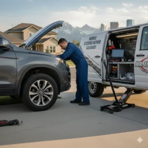 Person performing Mobile Mechanic Steering Repair Calgary on a car at a driveway.