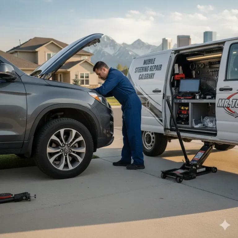 Person performing Mobile Mechanic Steering Repair Calgary on a car at a driveway.