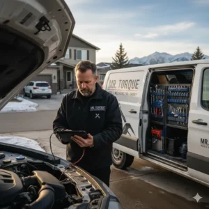 Professional mobile mechanic Mr. Torque performing high-end vehicle diagnostics and Mobile Mechanic Services Calgary in a residential driveway with a fully equipped service van.