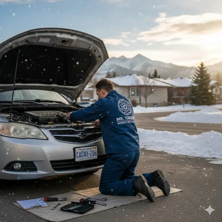 On-site car repair Calgary service showing mechanic diagnosing vehicle issues at customer location