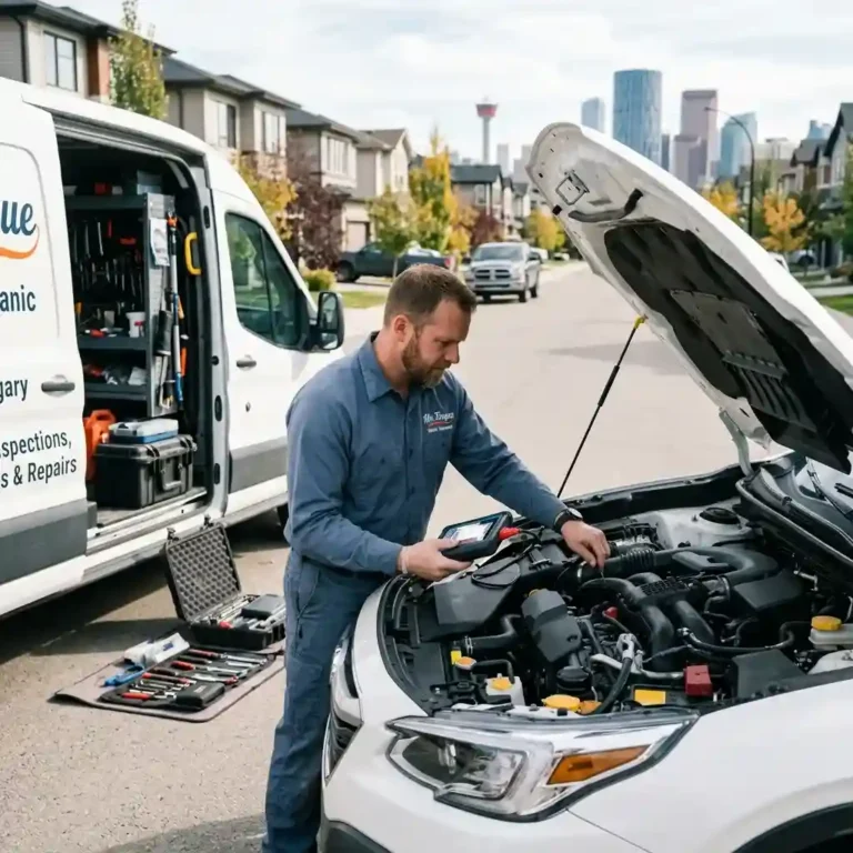Mobile mechanic Calgary inspecting a vehicle with hood open during roadside diagnostic service