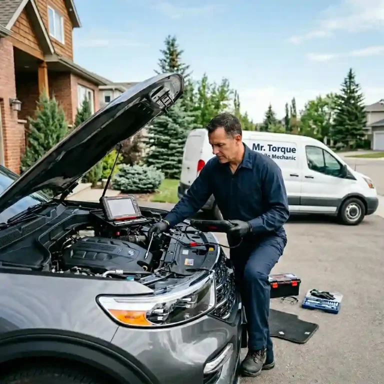 Mobile mechanic service Calgary technician performing on-site vehicle repair in a driveway with professional tools and open car hood