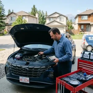 Brake Repair Calgary Mobile Mechanic inspecting a vehicle for costly car problems