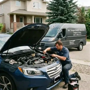 Mobile battery replacement Calgary mechanic installing a car battery