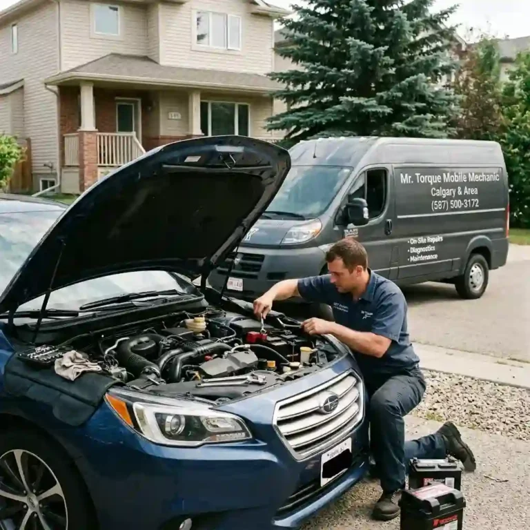 Mobile battery replacement Calgary mechanic installing a car battery