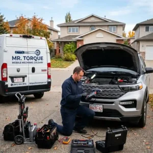 Mobile vehicle inspection Calgary mechanic checking a vehicle.
