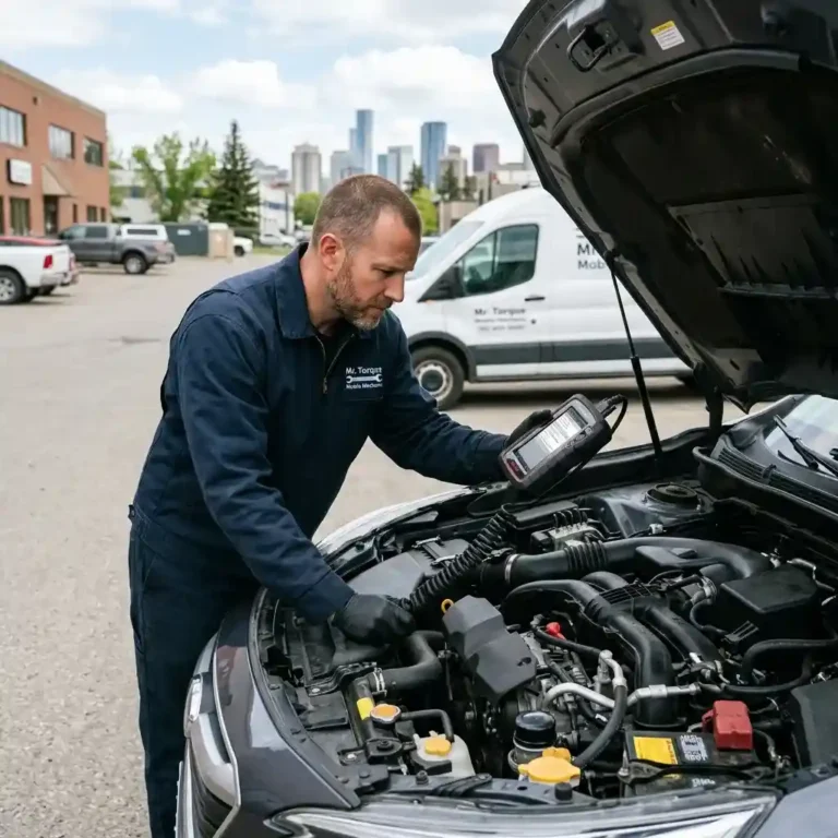 Engine diagnostics Calgary mechanic checking a car with a diagnostic scanner